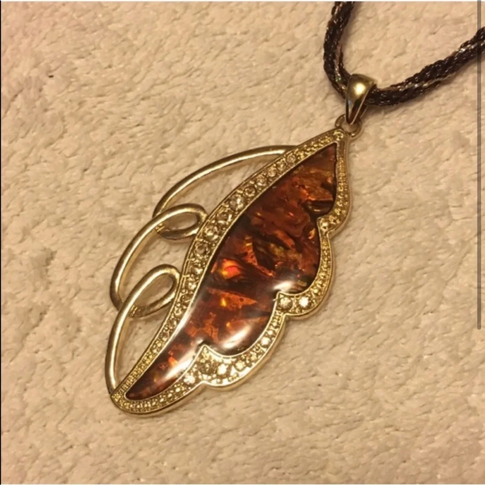 Gold Tone Amber Leaf Statement Pendant Necklace | Crystal Botanical Design